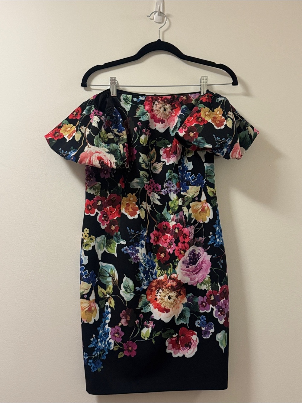 Aidan by Aidan Mattox Black Dress with Pink and Green Floral Accents